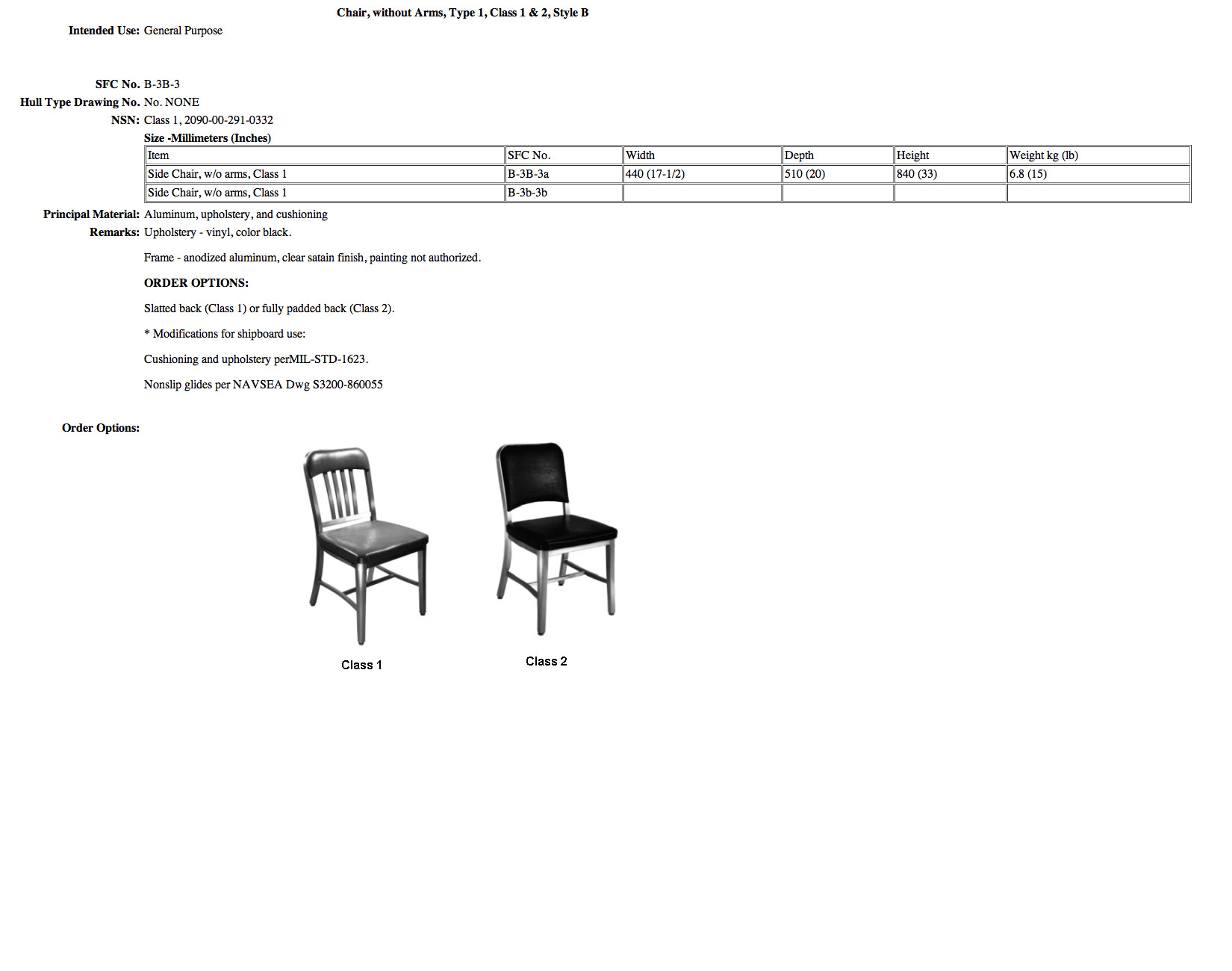 B-3B-3 Chair, without Arms, Type 1, Class 1 & 2, Style B