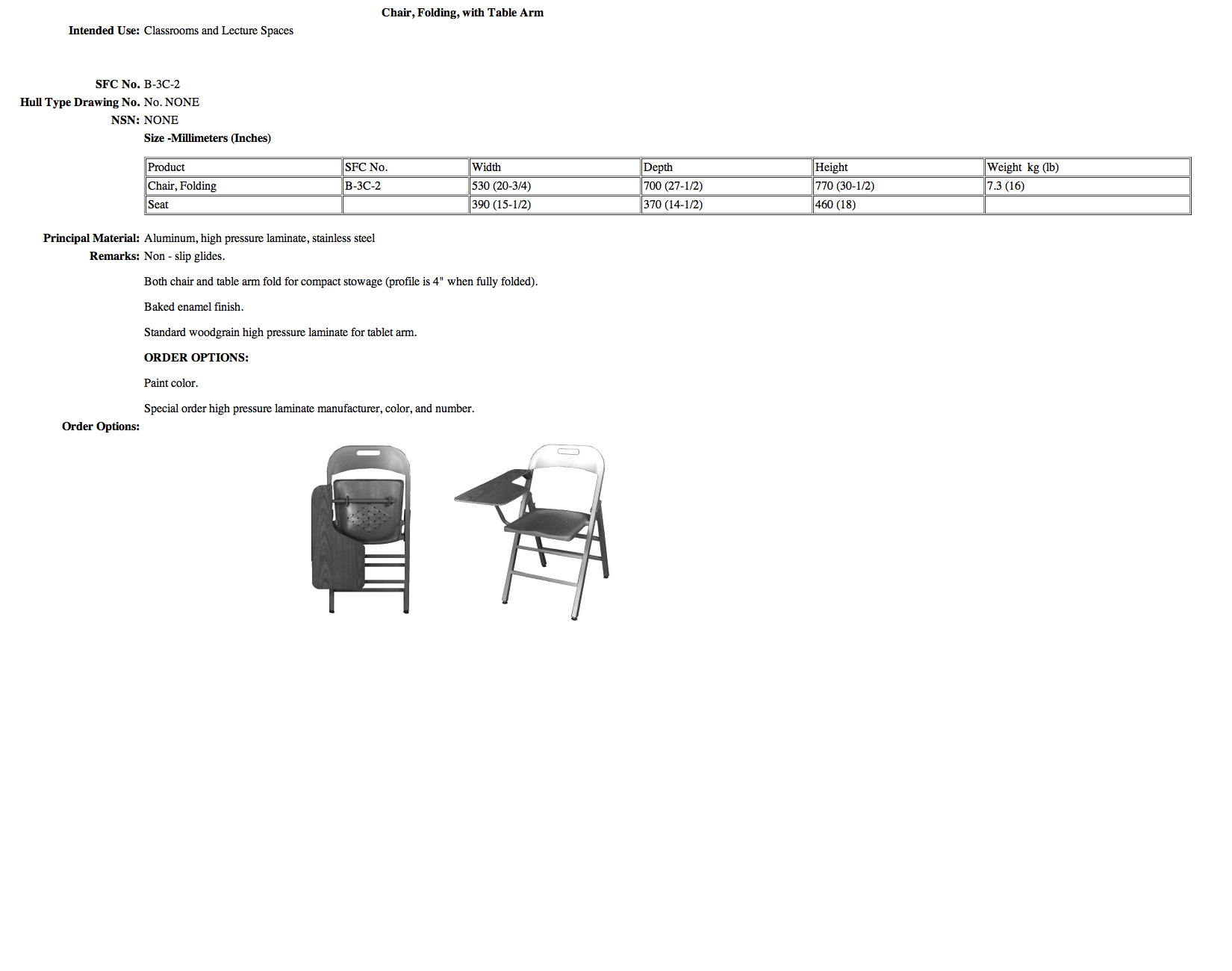 B-3C-2 Chair, Folding, with Table Arm