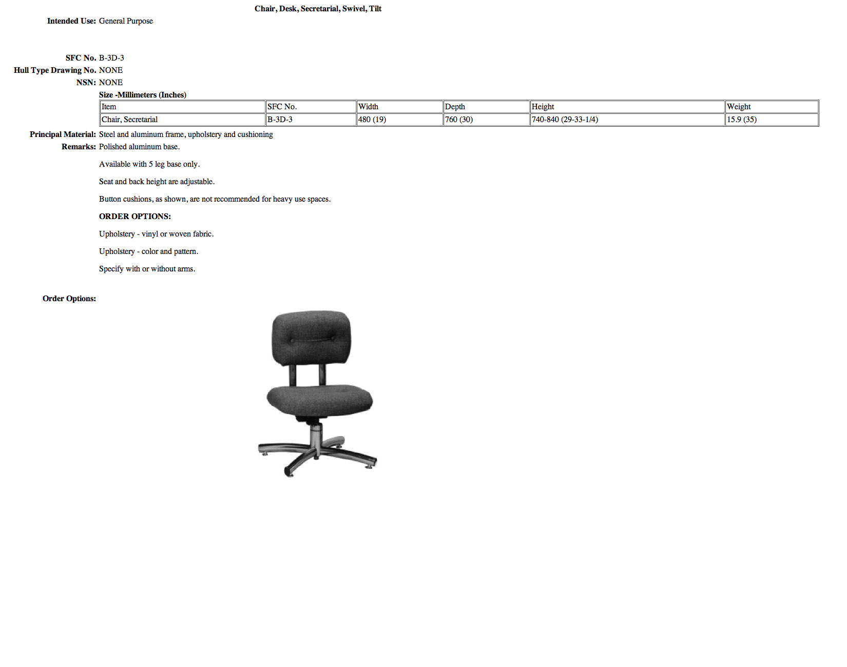 B-3D-3 Chair, Desk, Secretarial, Swivel, Tilt
