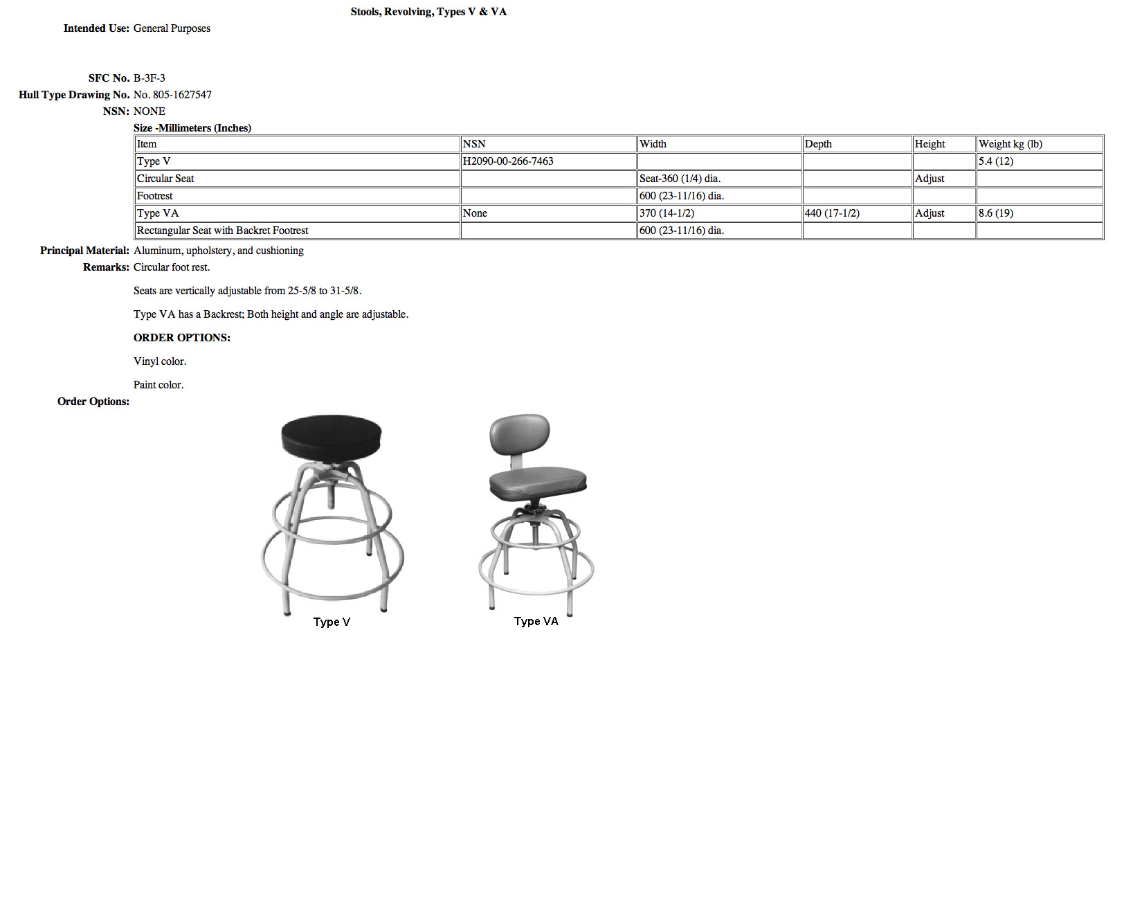 B-3F-3 Stools, Revolving, Types V & VA