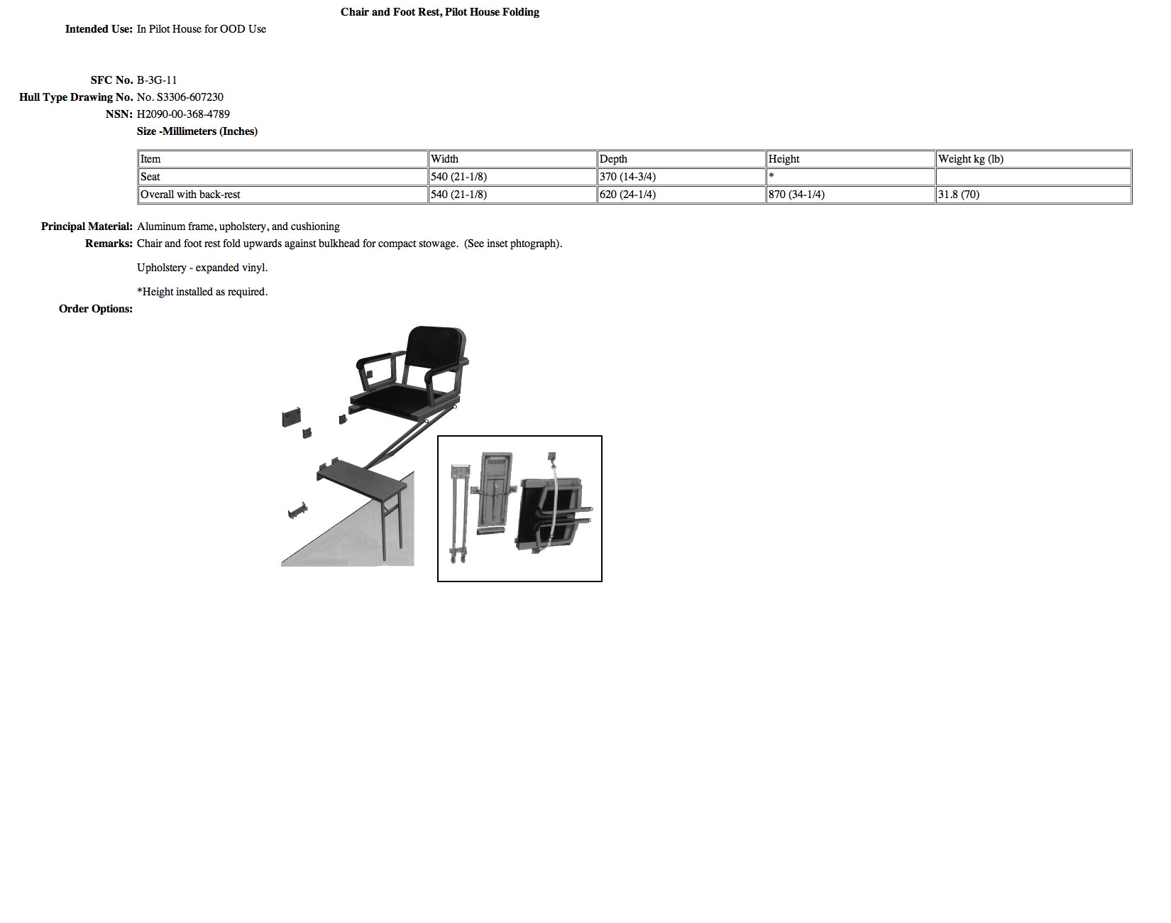 B-3G-11 Chair and Foot Rest, Pilot House, Folding
