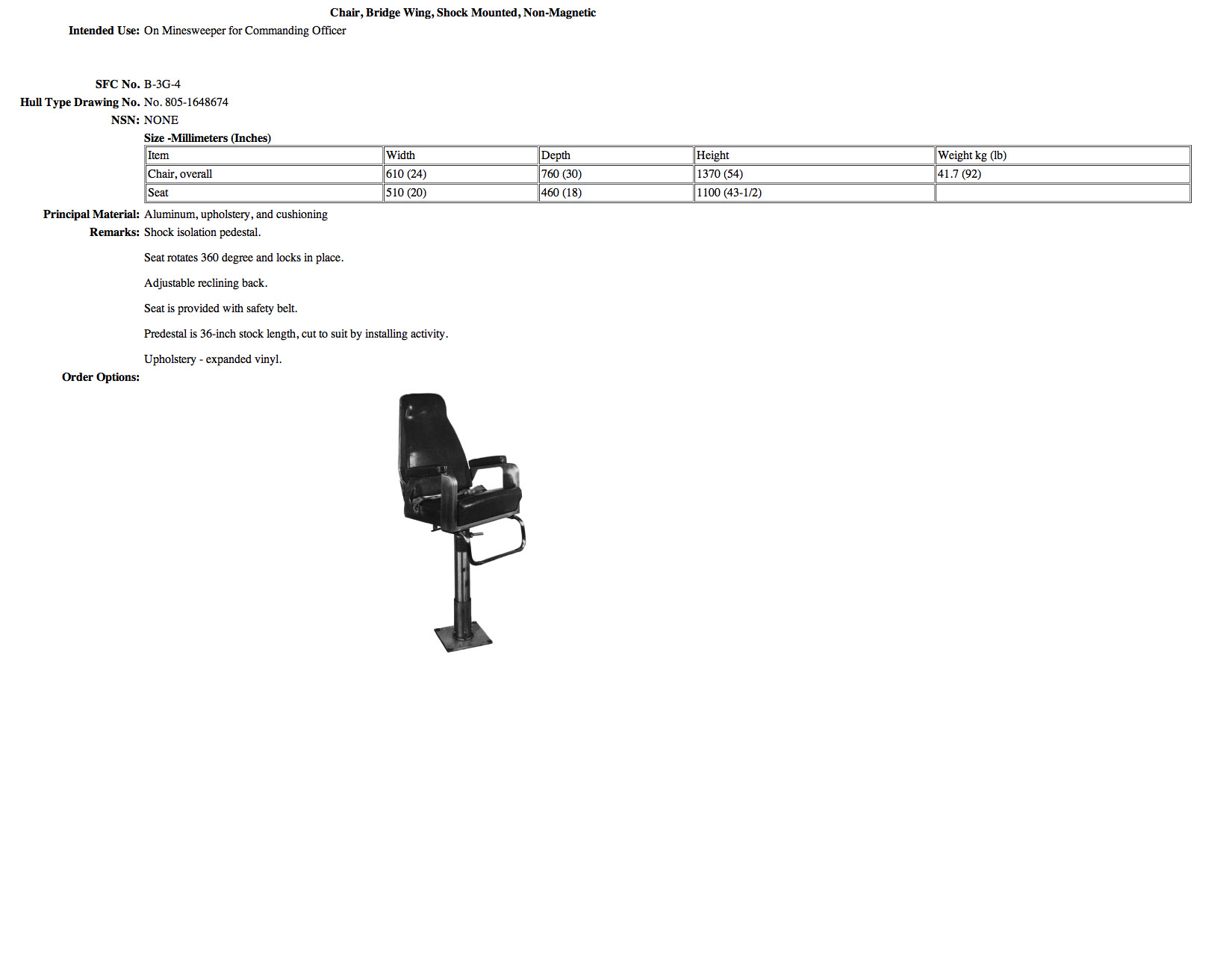 B-3G-4 Chair, Bridge Wing, Shock Mounted, Non-Magnetic