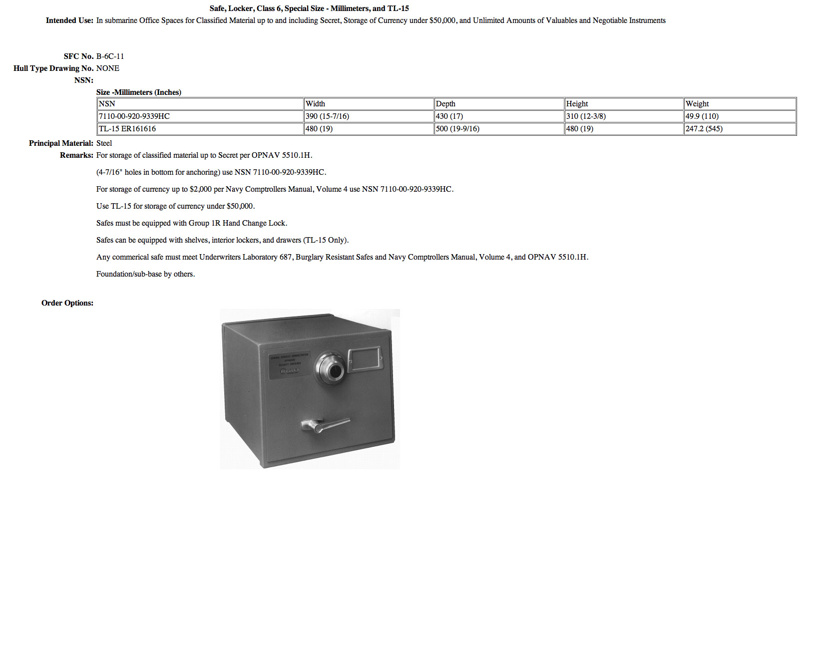 B-6C-11 Safe, Locker, Class 6, Special Size (Millimeters), and TL-15